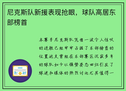 尼克斯队新援表现抢眼，球队高居东部榜首