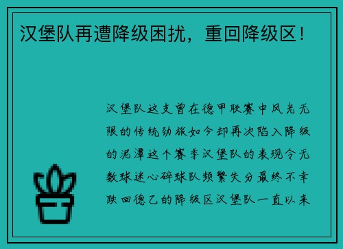 汉堡队再遭降级困扰，重回降级区！